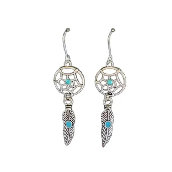 3 for $13 New boho earrings dream catcher feather silver tone turquoise earrings - Picture 4 of 4